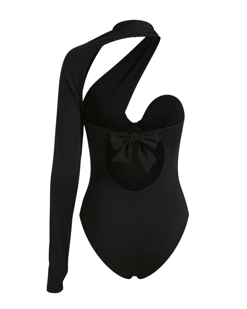 Black one-piece swimsuit with long sleeves on a white background