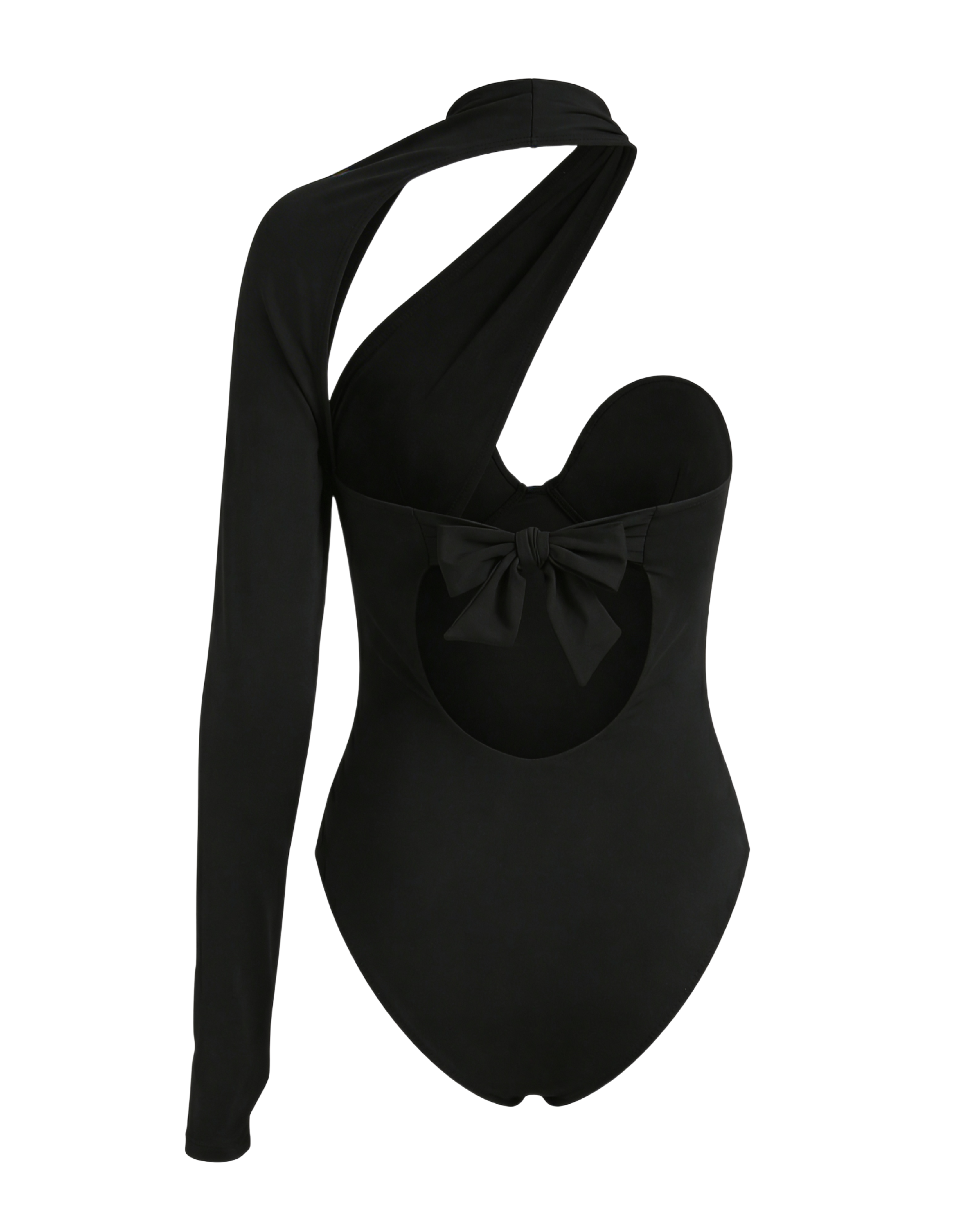 Black one-piece swimsuit with long sleeves on a white background