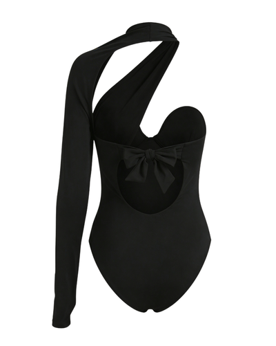 Black one-piece swimsuit with long sleeves on a white background