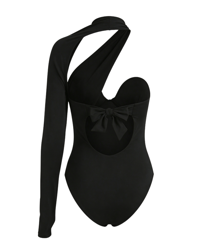 Black one-piece swimsuit with long sleeves on a white background