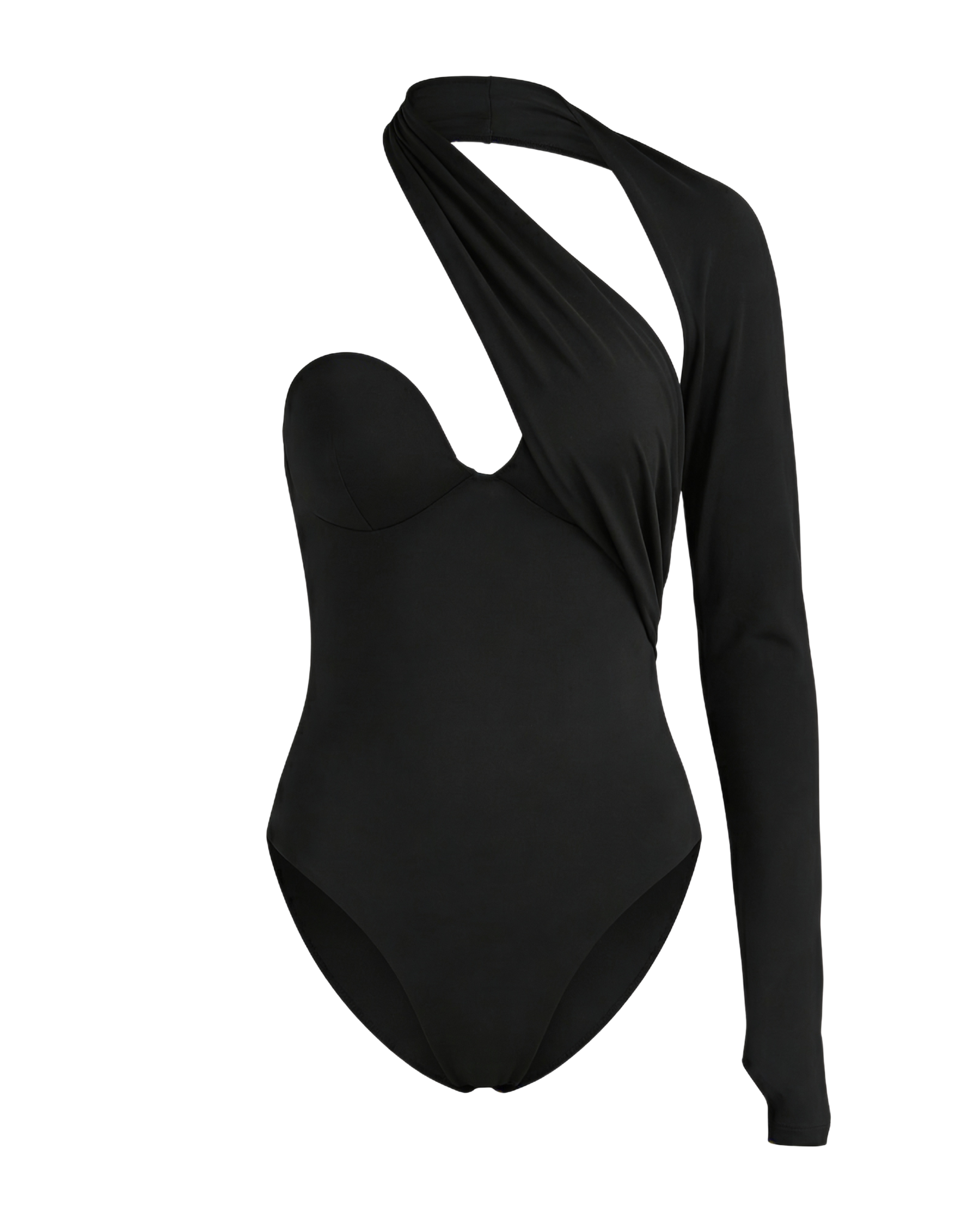 Black one-piece swimsuit with long sleeves on a white background