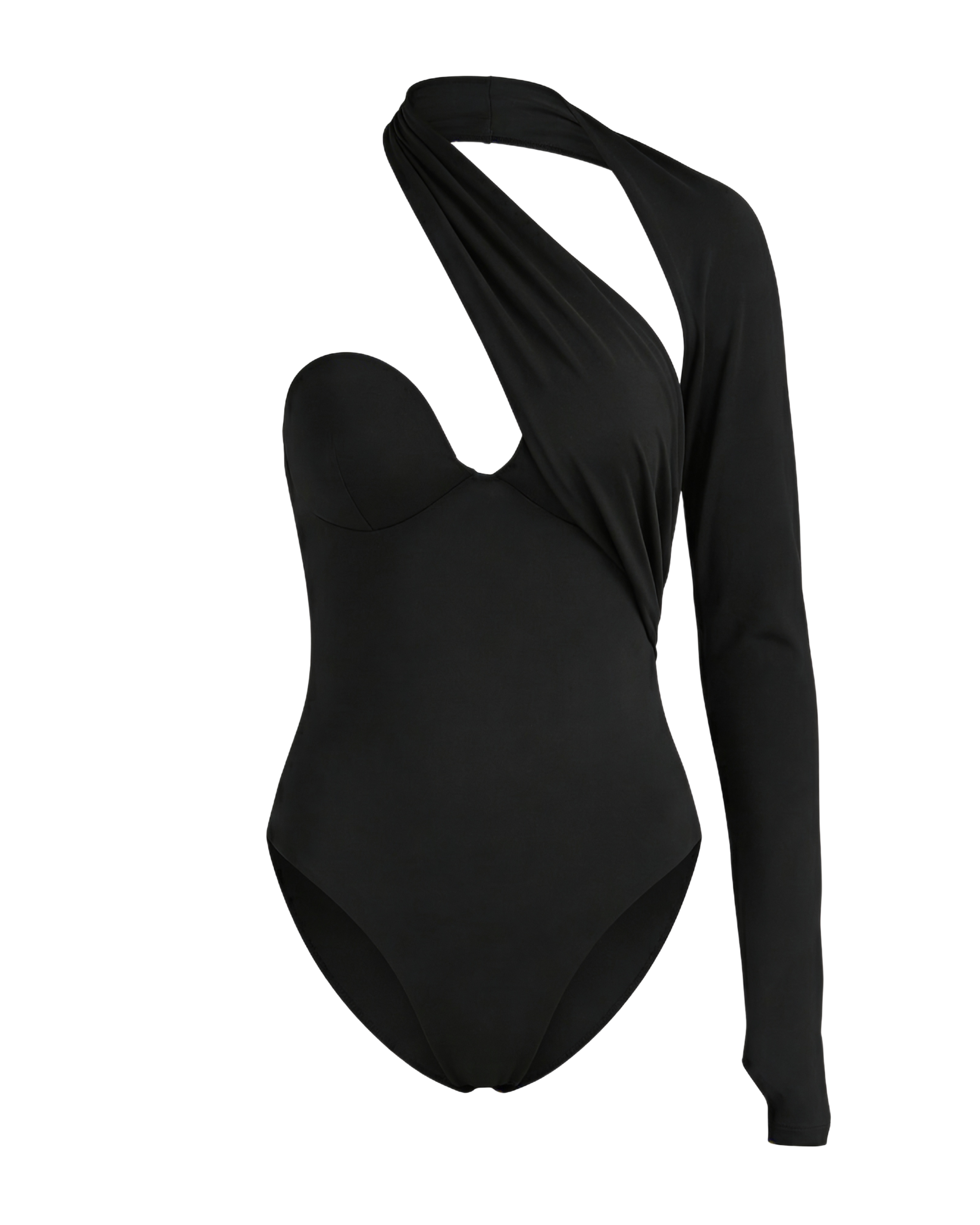 Black one-piece swimsuit with long sleeves on a white background