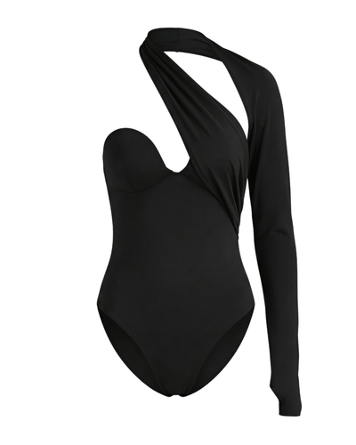 Black one-piece swimsuit with long sleeves on a white background