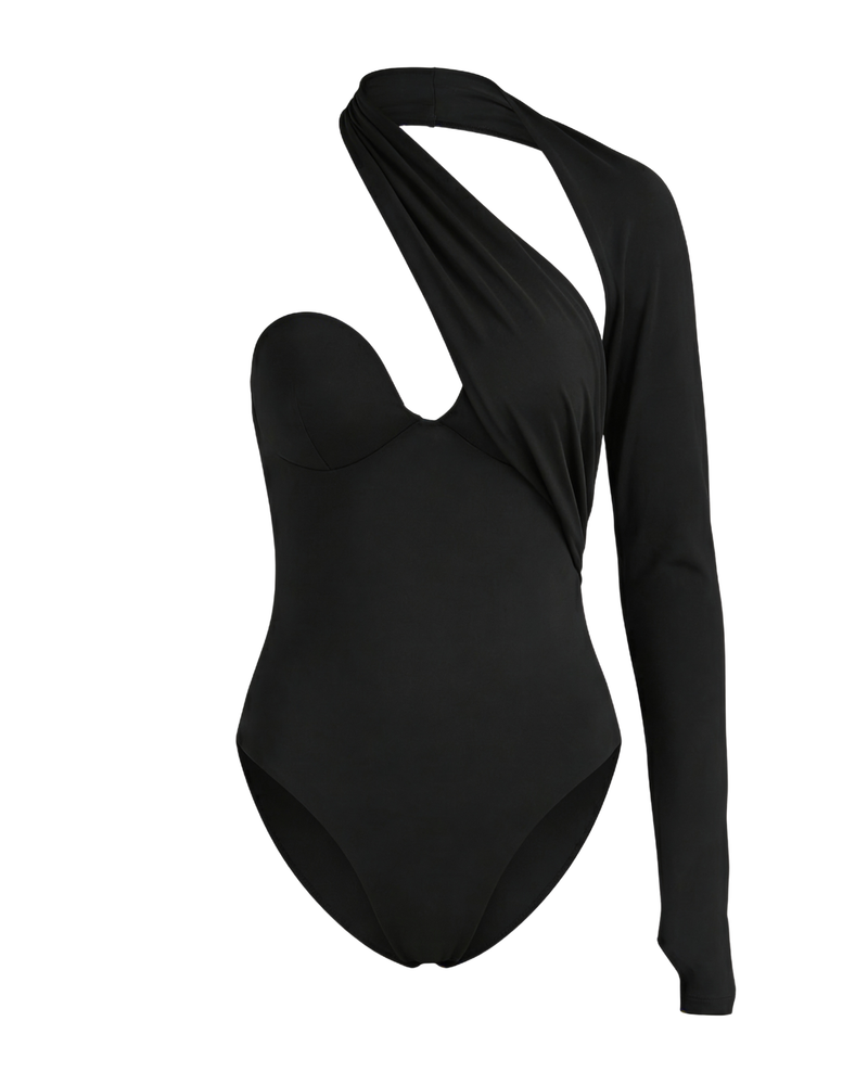 Black one-piece swimsuit with long sleeves on a white background
