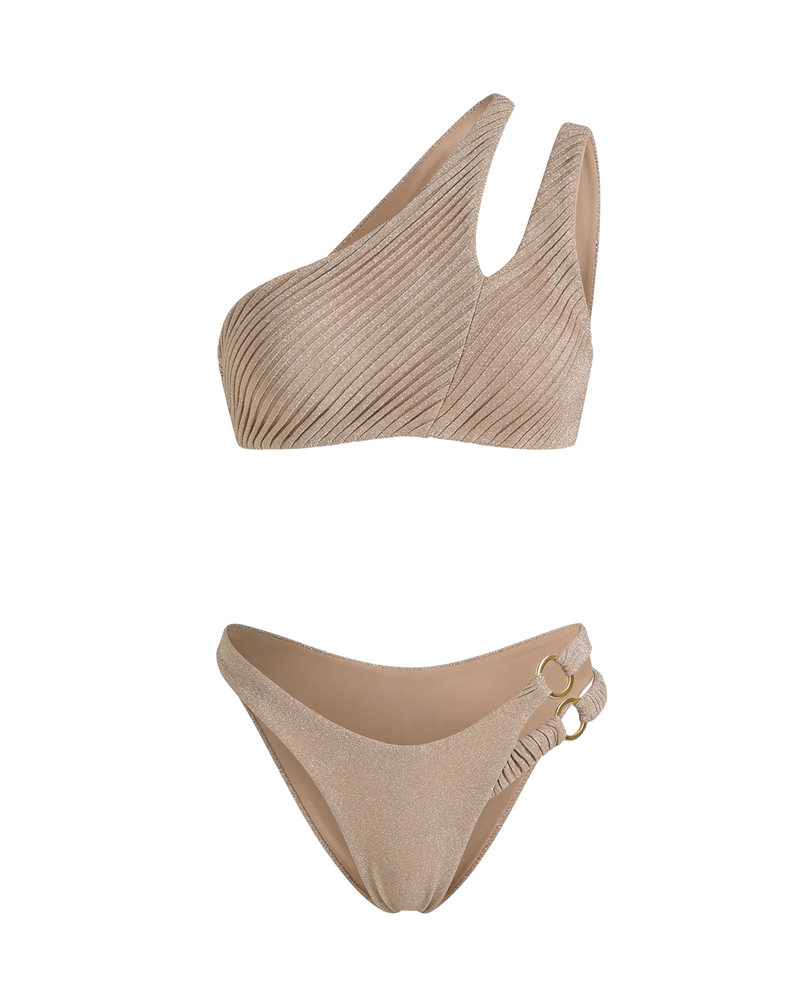 Beige bikini set with a textured design on a white background