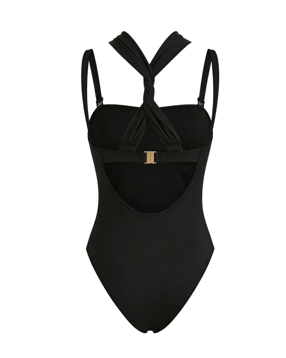 Black swimsuit with gold buckle on a white background