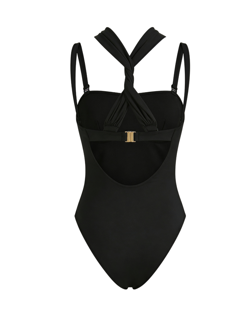 Black swimsuit with gold buckle on a white background