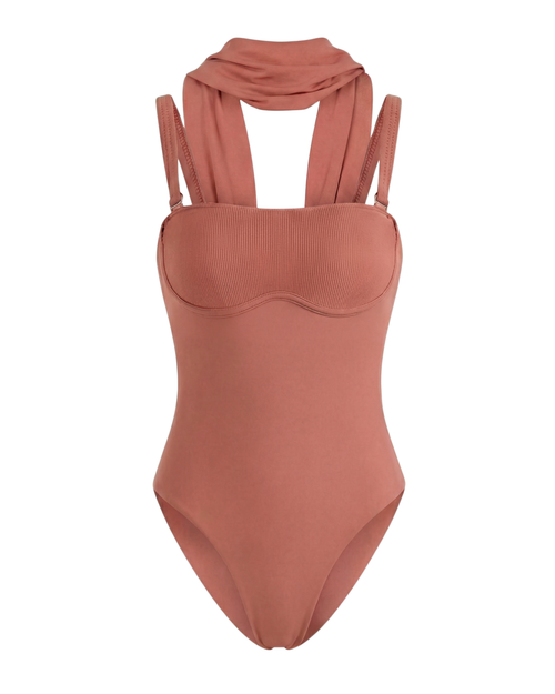 Brown swimsuit with thin straps on a white background
