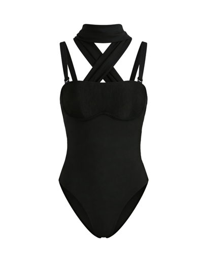 Black swimsuit with criss-cross straps on a white background