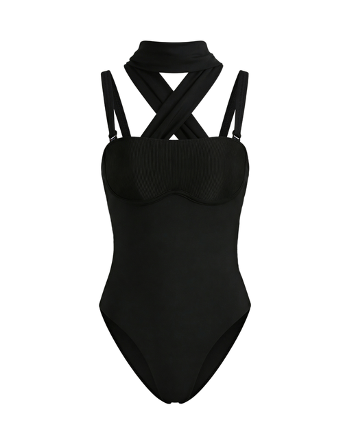 Black swimsuit with criss-cross straps on a white background