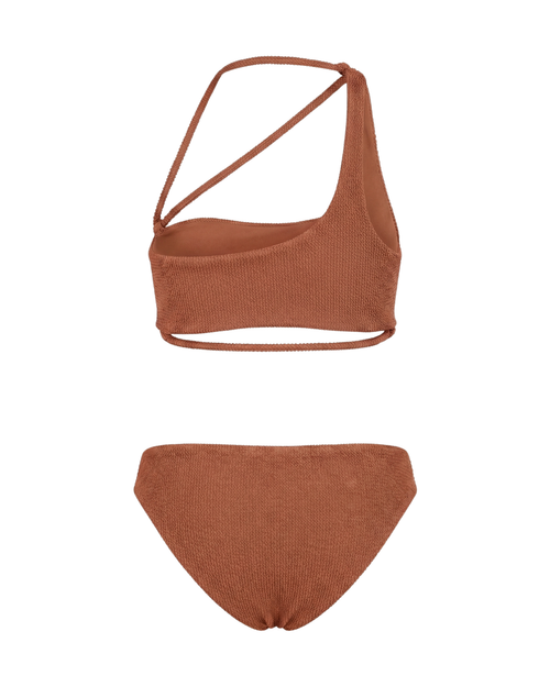 Brown bikini set with a wrap-design top and high-waisted bottom on a white background