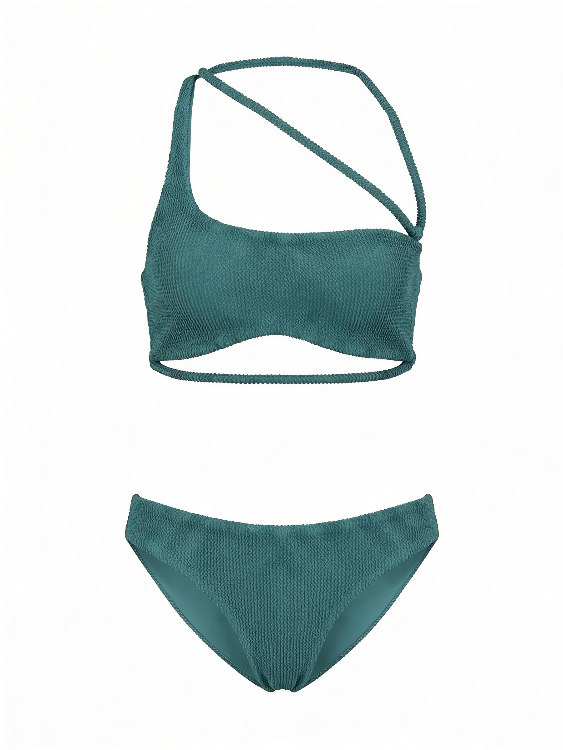 green bikini set with a wrap-design top and bikini bottom on a white background