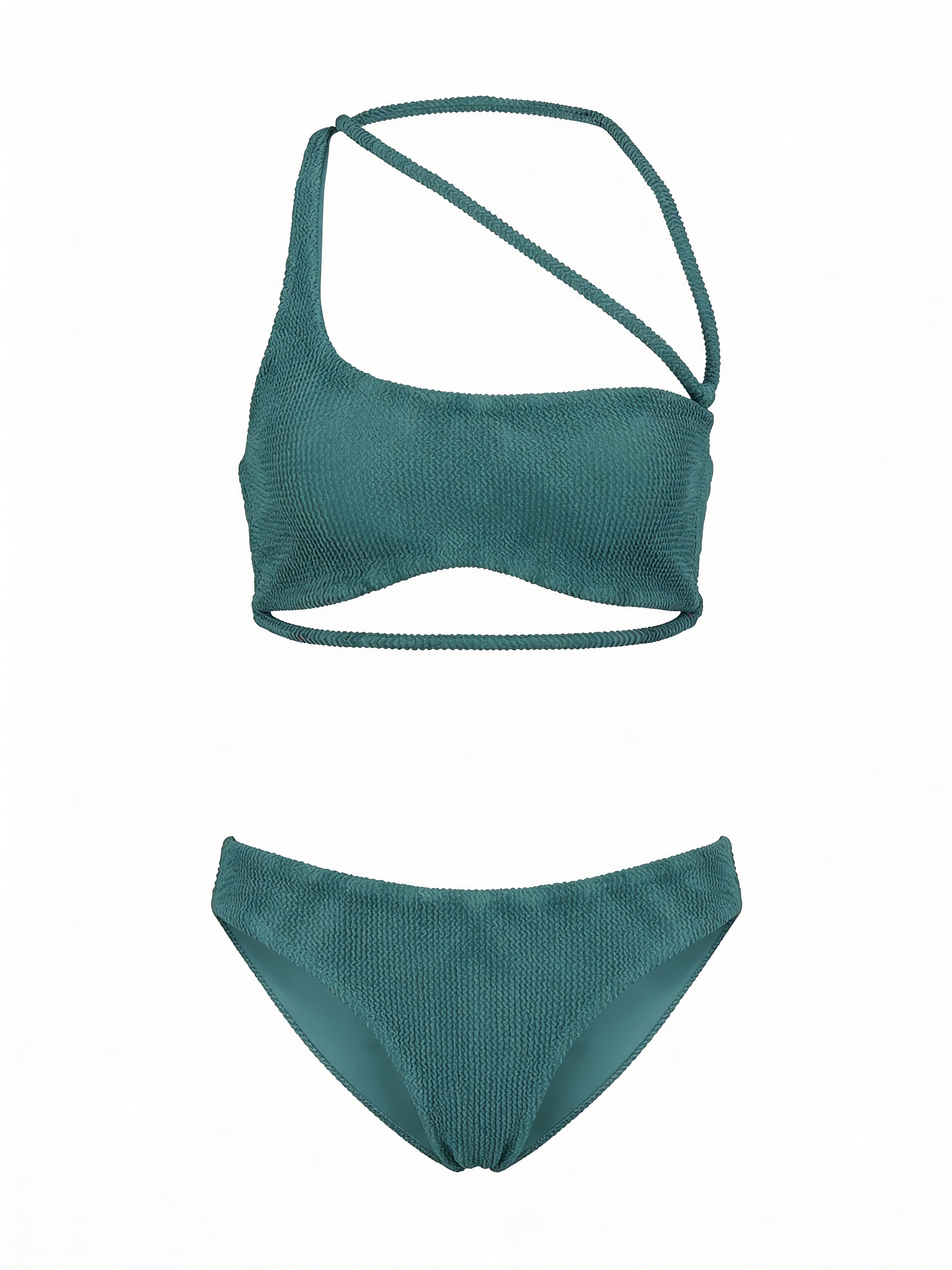 green bikini set with a wrap-design top and bikini bottom on a white background