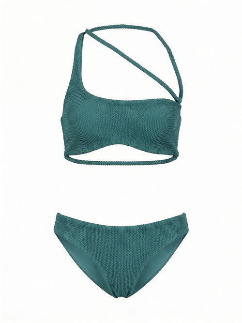 green bikini set with a wrap-design top and bikini bottom on a white background