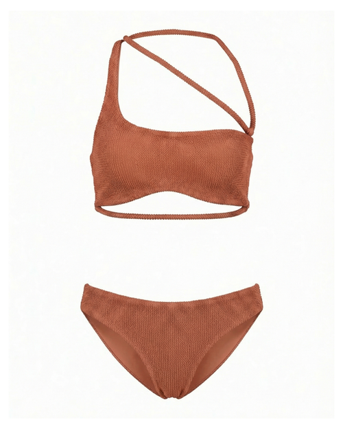 Brown bikini set with a wrap-design top and bikini bottom on a white background