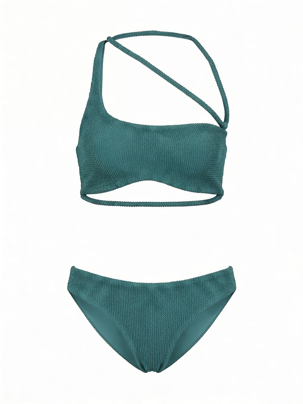 green bikini set with a wrap-design top and bikini bottom on a white background